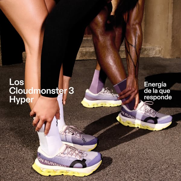Ad showcases the Cloudmonster 3 Hyper running shoes by ON Running, highlighting their unique design and energetic capabi
