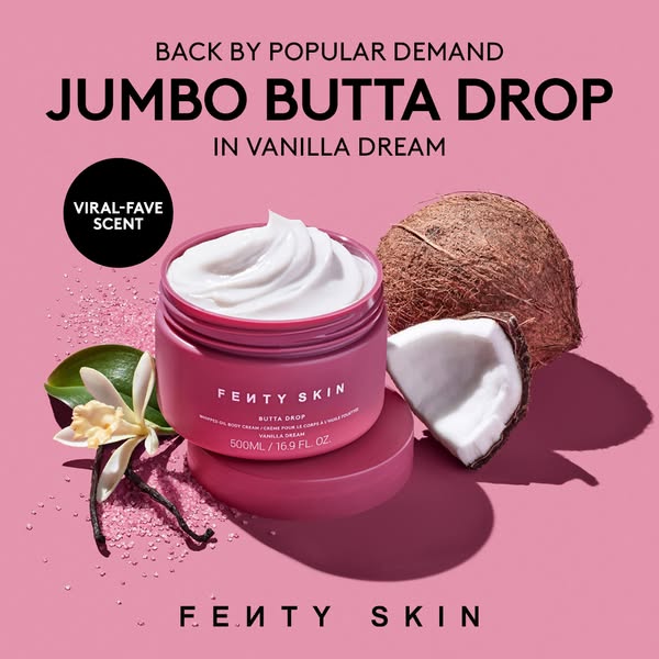 A product shot for Fenty Skin's Jumbo Butta Drop in Vanilla Dream. It emphasizes the product's scent and the fac