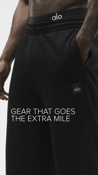 This ad showcases black Alo sweatpants being worn by an athlete. The ad emphasizes that the athletic gear 'goes the 