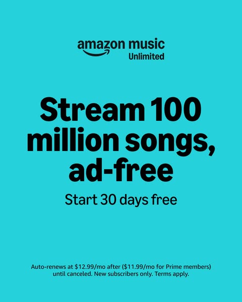 An ad for Amazon Music Unlimited promotes ad-free streaming of 100 million songs and offers a 30-day free trial to new s