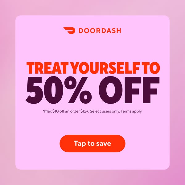 This is a promotional image ad by DoorDash offering 50% off orders.
