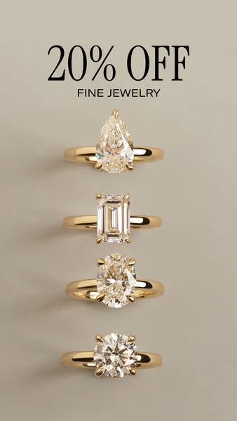 This ad for fine jewelry promotes a 20% off sale. It showcases four different diamond rings, highlighting their differen