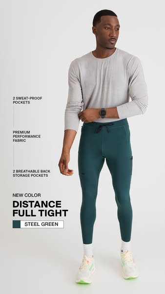 This image ad showcases a man wearing teal athletic tights while calling out specific functional aspects of the garment 