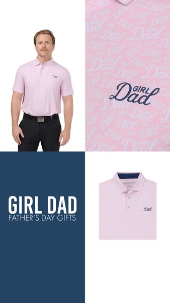 This image ad features a pink polo shirt with a repeating Girl Dad design pattern. The ad promotes the shirt as a Father
