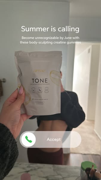 This ad for body-sculpting creatine gummies features a hand holding the product in front of a mirror. Summer is coming, 