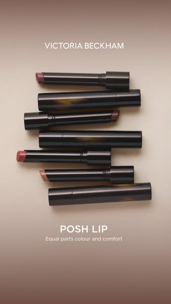 An ad for Victoria Beckham's Posh Lip product, a lipstick emphasizing color and comfort.