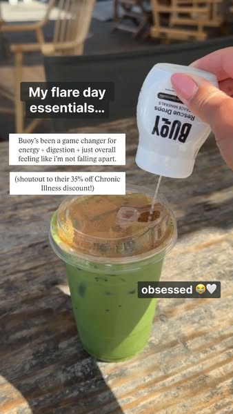 This ad features a person adding Buoy Rescue Drops to a green drink. The ad highlights the benefits of Buoy for energy a