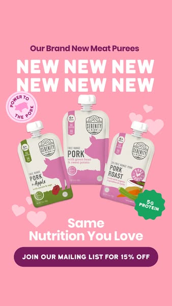 This image ad promotes Serenity Kids' new meat purees for babies and toddlers, highlighting the pork flavor options 