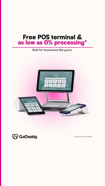 This ad for GoDaddy promotes a free POS terminal and as low as 0% processing. It features the brand logo and a variety o