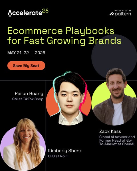 This is an ad promoting the Accelerate26 Ecommerce Playbooks for Fast Growing Brands event taking place May 21-22, 2026.