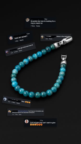 The ad showcases a bead bracelet on a dark surface, surrounded by screenshots of positive social media comments from cus