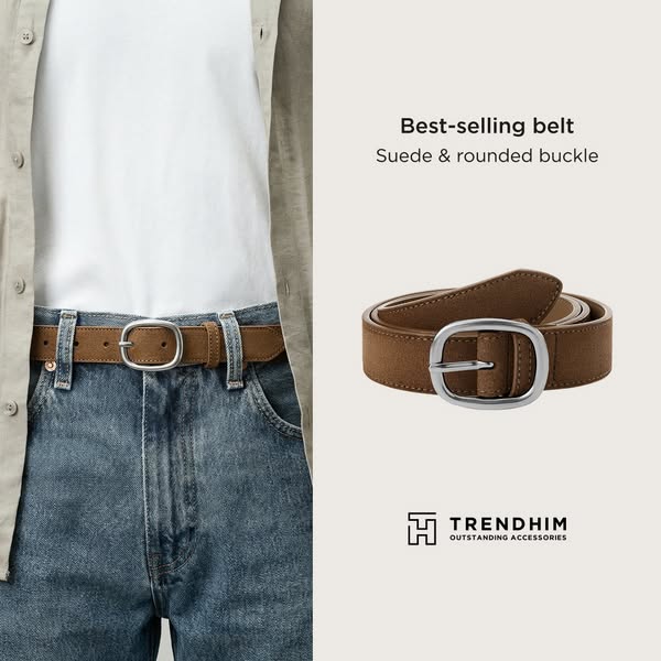 This ad for Trendhim features a suede belt with a rounded buckle. It highlights the best-selling nature and the suede ma