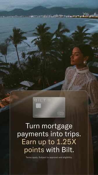 The ad promotes the Bilt credit card by showcasing a lifestyle of luxury and travel, suggesting that mortgage payments c