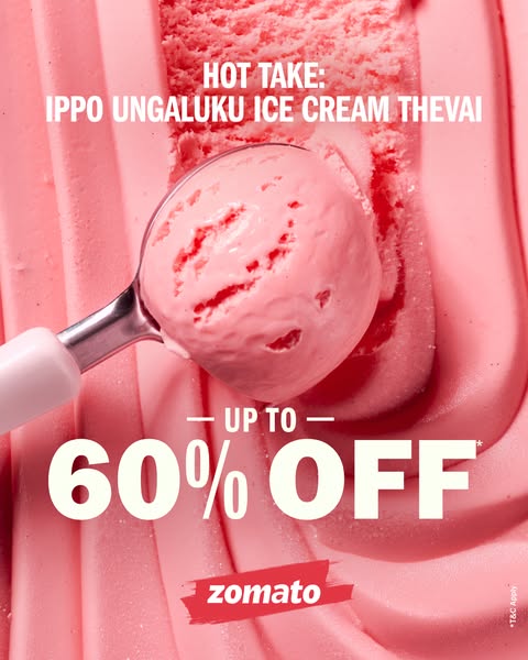 An image ad for Zomato promotes a discount of up to 60% on ice cream orders.