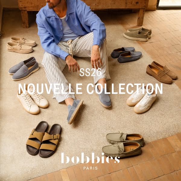 This ad features a variety of different shoe styles from the Bobbies Paris SS26 collection, and is laid out on a tiled f