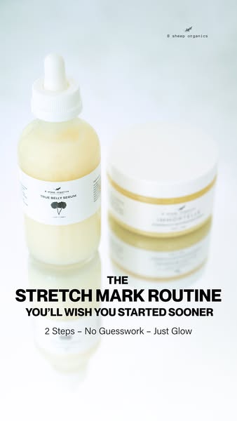 This image ad promotes B Sheep Organics' two-step routine for stretch marks, emphasizing its simplicity and effectiv