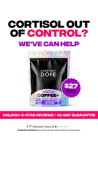 An ad for Everyday Dose Coffee+ promotes a coffee product designed to deliver clarity and focus, gut health, and no jitt