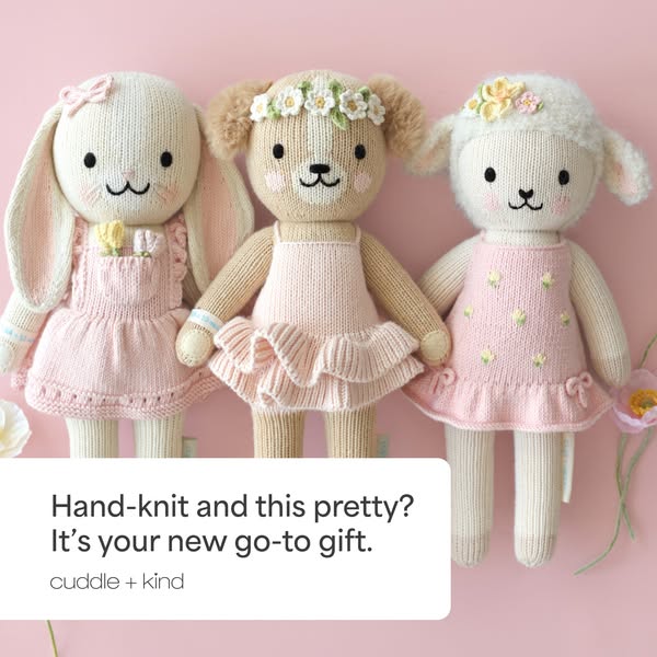 This ad for Cuddle + Kind features a row of three knit dolls in pink dresses to demonstrate the brand's unique hand-