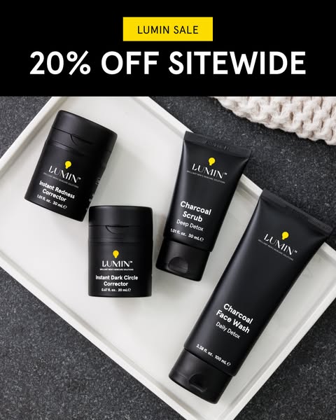 This image ad for Lumin presents four skincare products against a neutral backdrop with an offer for 20% off sitewide. T