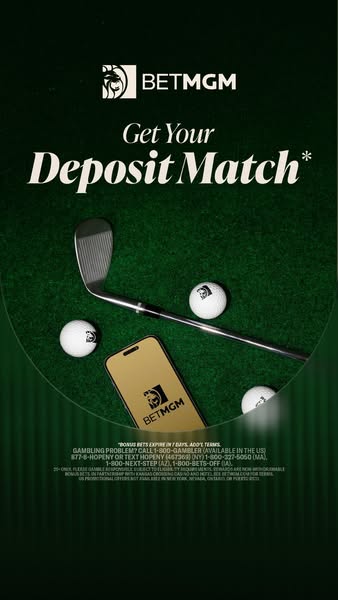 The ad promotes BetMGM, an online gambling service. The ad features a golf club, golf balls, and a phone displaying the 