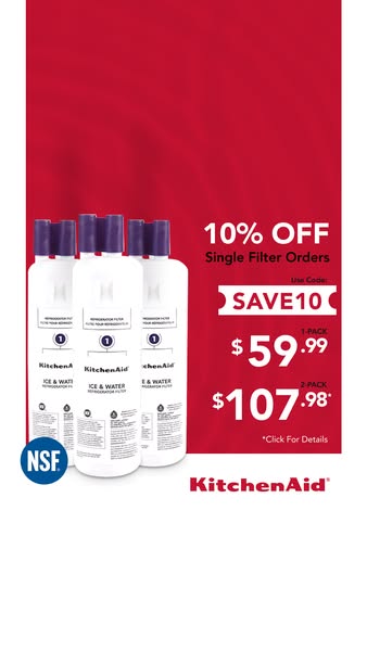 This ad promotes KitchenAid ice and water refrigerator filters. It features a 10% off discount with a code and prices fo