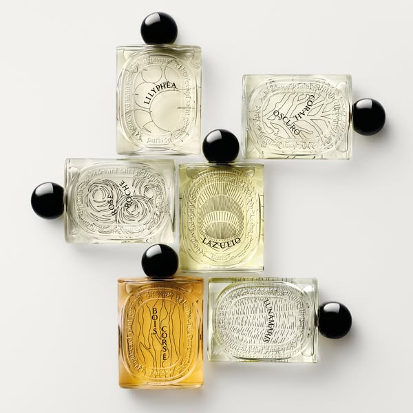 This image is a product shot of six bottles of perfume in the same bottle style, each with different fragrances. The bot