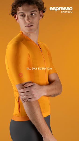 This ad showcases the Castelli Espresso cycling jersey. It highlights the jersey's features and design, emphasizing 
