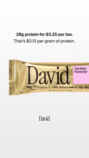 This static image ad for David protein bars highlights that each bar contains 28g of protein and costs $3.25, which come