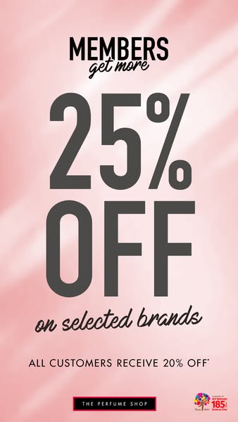 This ad for The Perfume Shop features a pink background with text announcing a 25% discount for members on selected bran