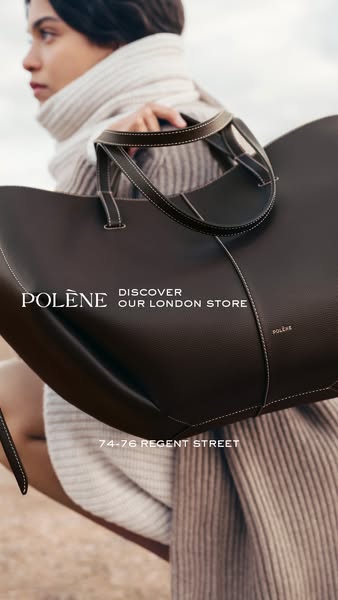 This ad features a woman wearing a Polène bag and promotes their London store location.