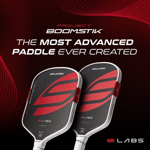 This ad showcases the Project Boomstik paddle from Selkirk Labs. It highlights the paddle's advanced design and tech