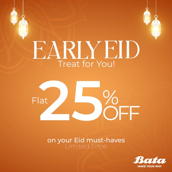 This image ad by Bata advertises a limited-time offer of flat 25% off on Eid must-haves. It features an orange backgroun