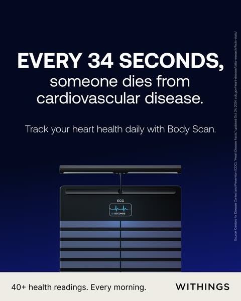 The ad emphasizes the risk of cardiovascular disease, then offers a solution with Withings Body Scan, which tracks your 