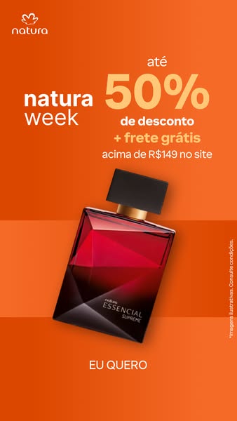 This ad promotes Natura's Essencial Supreme perfume with a discount offer of up to 50% off and free shipping for ord