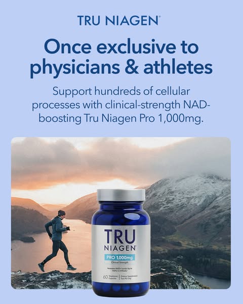 This ad for Tru Niagen Pro 1,000mg uses the visual of an active runner to promote the benefits of its NAD-boosting suppl
