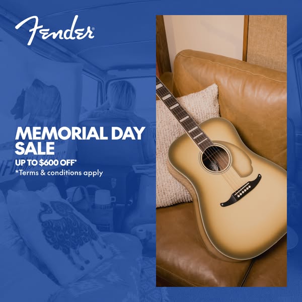 This ad for Fender showcases an acoustic guitar with a Memorial Day sales offer of up to $600 off. The ad uses a split-s