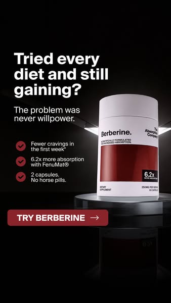 This image ad is for Berberine, a dietary supplement from The Absorption Company, which claims to reduce cravings and in