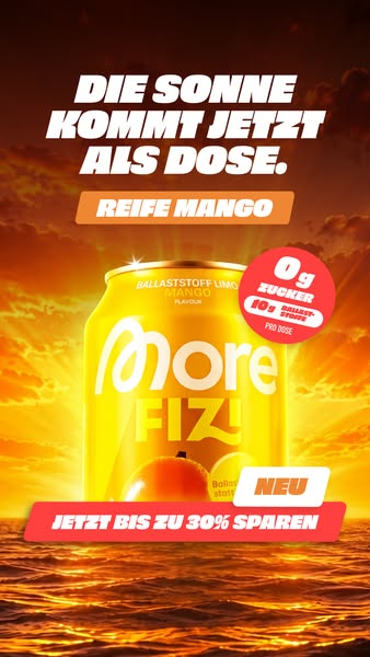 This ad promotes More FIZ!, a mango-flavored drink. The ad uses an image with the can of More FIZ! in front of an ocean 