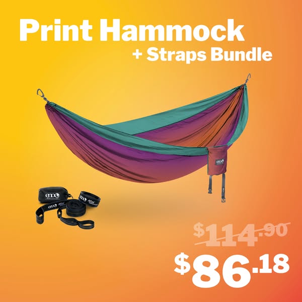 This ad showcases a print hammock and straps bundle, highlighting the discounted price and the product itself.