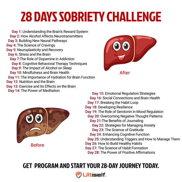 This ad features an infographic that promotes a 28-day sobriety challenge. The image shows the negative effects of alcoh