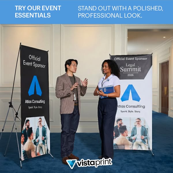 This ad for Vistaprint highlights event essentials, specifically branded banners. The ad aims to showcase how these bann