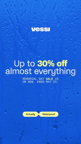 This ad for Vessi promotes a Memorial Day sale offering up to 30% off almost everything. The creative uses a full-bleed 
