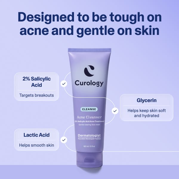 This image ad for Curology promotes their acne cleanser that is tough on acne and gentle on skin by highlighting key ing