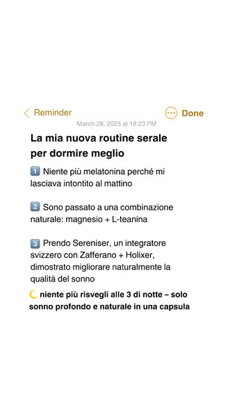 This ad is a screenshot of a note that describes a new evening routine for better sleep. It mentions switching from mela
