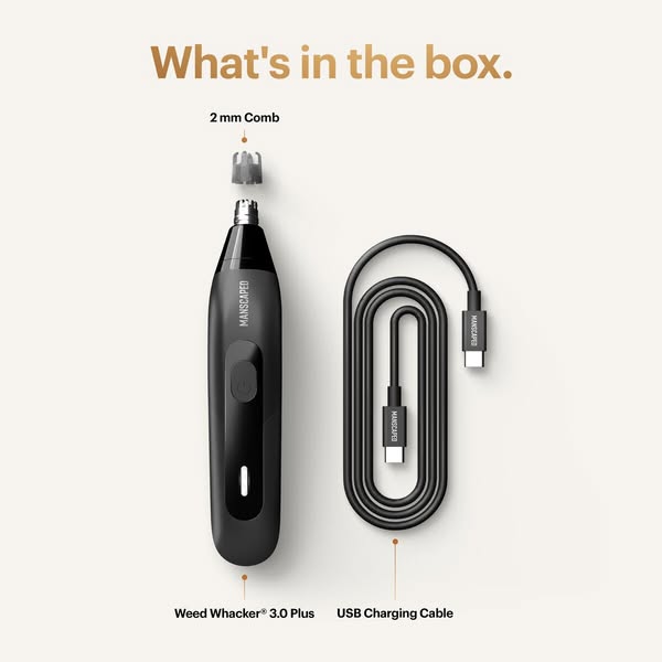 This ad shows the contents of the Weed Whacker 3.0 Plus box from MANSCAPED. It shows the product, a 2 mm comb, and a USB