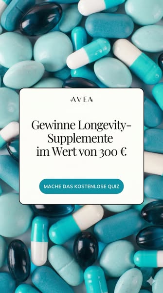 This image promotes AVEA longevity supplements. The ad offers a chance to win supplements valued at 300 euros by taking 