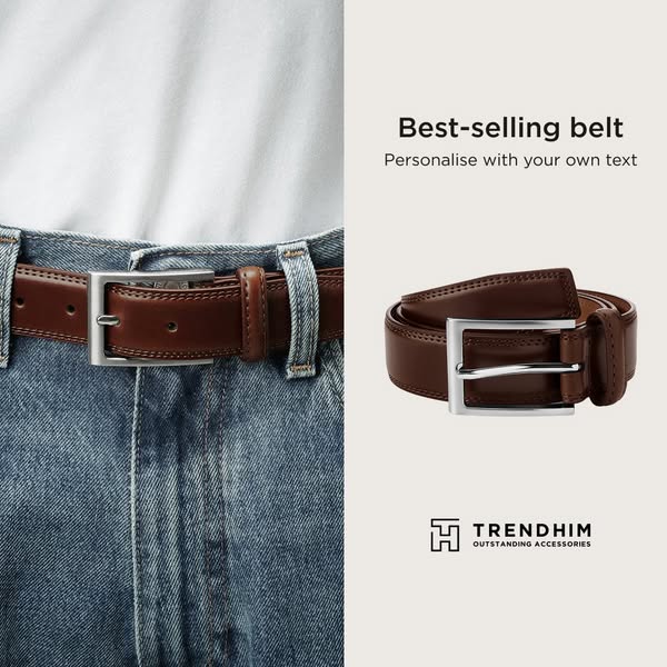 This ad promotes a belt from Trendhim, highlighting its best-selling status and personalization options with a clean, sp