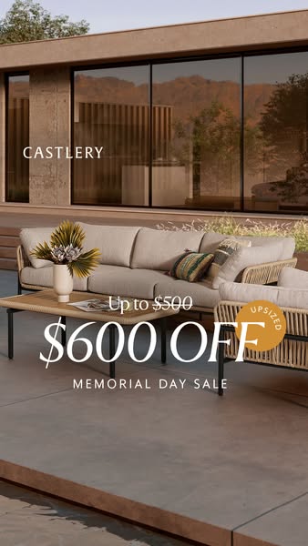 An ad for CASTLERY, offering "Up to $500 $600 OFF" for a MEMORIAL DAY SALE. The ad features a sofa and chair s