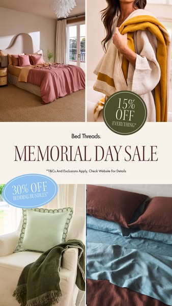 This image ad for Bed Threads promotes a Memorial Day sale with discounts on everything and bedding bundles. The ad uses
