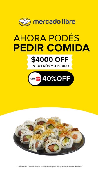This image ad for Mercado Libre promotes their food delivery service, offering discounts on sushi orders from Sushi Pop.